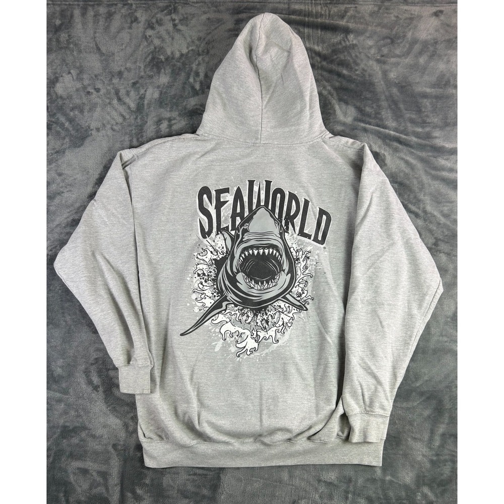 SeaWorld Hoodie Zip Up Shark Graphic Sweatshirt Men's XXL Gray Full Zip Pullover